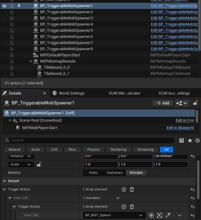 Trigger Actors on a spawner referencing BP_MST_Sphere
