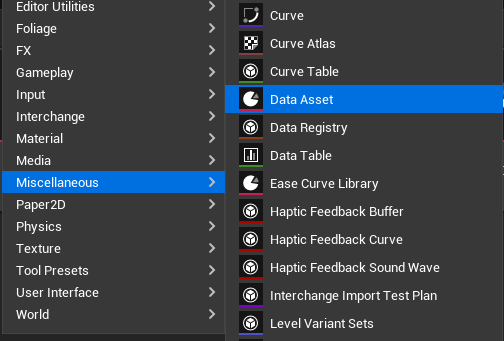 Create asset — context menu